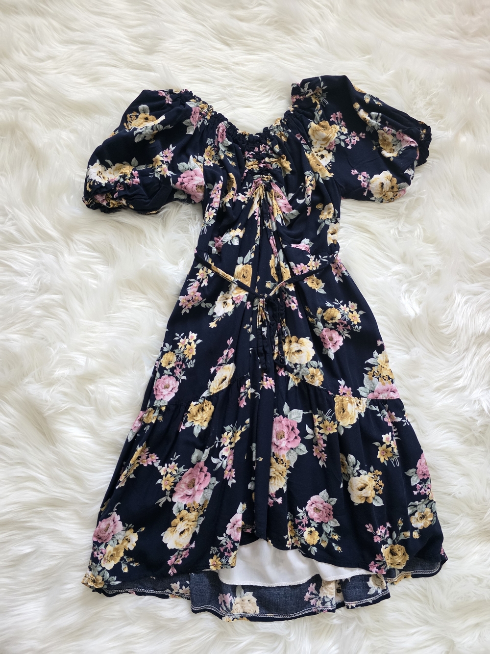 Navy Floral Puff-Sleeve Dress - Pink & Yellow Flowers